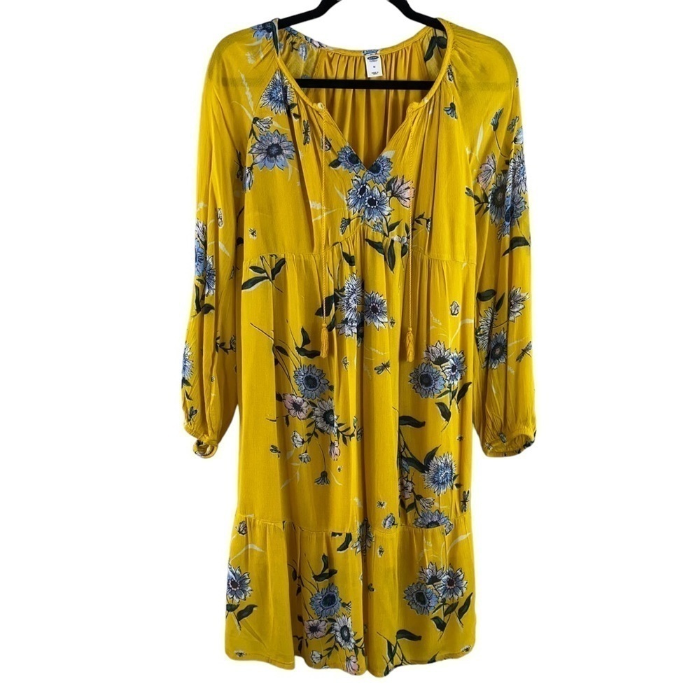 Old‎ Navy Yellow Floral Swing Top Boho Hippie Tassel Tie Women's Sz M